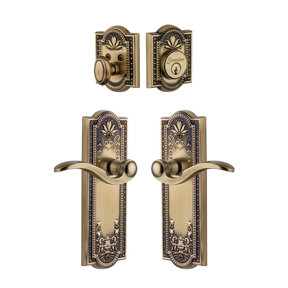 Grandeur by Nostalgic Warehouse Single Cylinder Combo Pack Keyed Differently - Parthenon Plate with Bellagio Lever and Matching Deadbolt in Vintage Brass